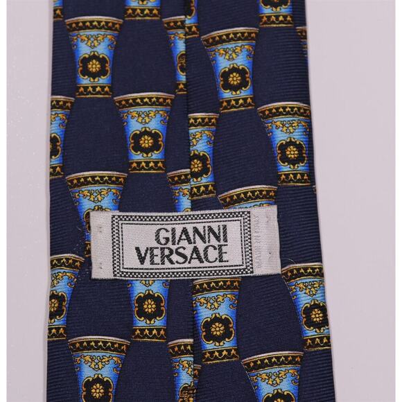 Gianni Versace Vintage 90's Medusa Head Pillars Blue Silk Necktie Tie - Picture 5 of 8